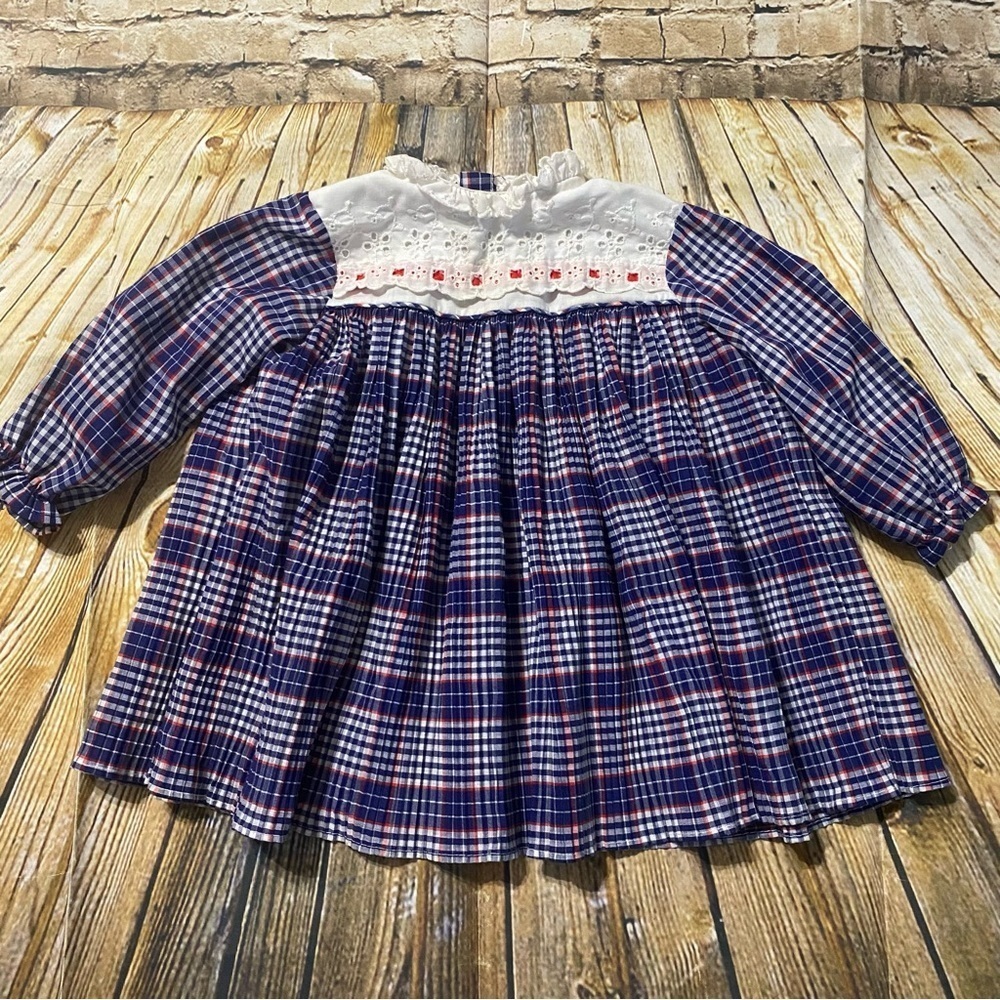 Vintage Toddle Time JCPenney Blue Red Plaid Lace Pleated Dress